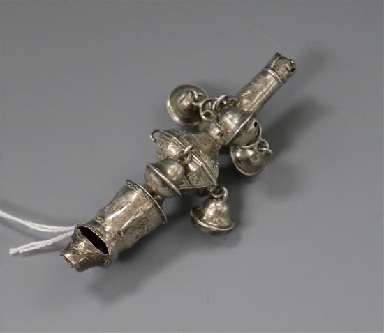 A George III silver rattle and whistle, London by Peter and Ann Bateman, circa 1795, lacking teether, 10.2cm.
